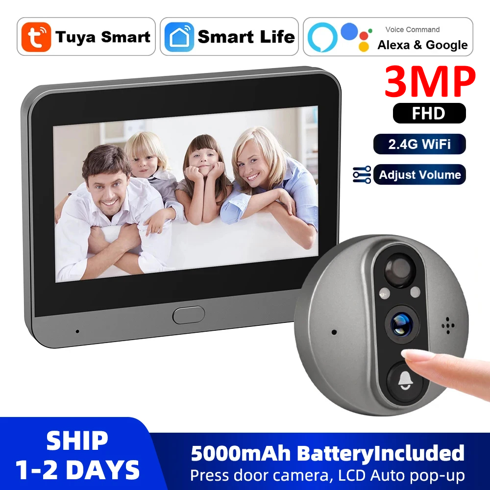 Smart Home Cctv Camera - 3MP WiFi Smart Tuya Peephole 5000mAh